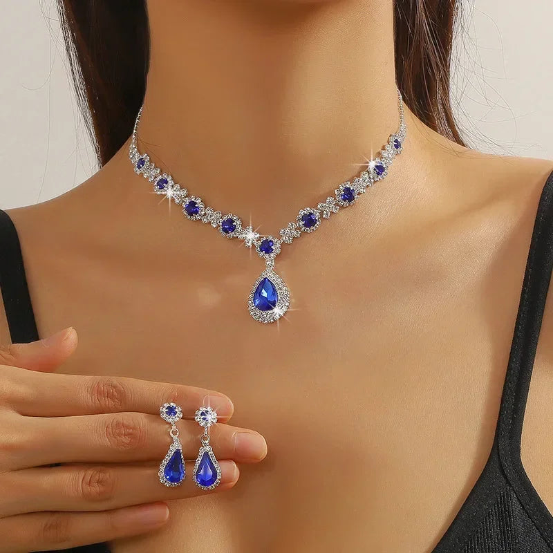 Ensemble de Bijoux Élégants en Forme de Goutte d'Eau pour Femme, Pendentif en Strass, Collier, Boucles d'Oreilles, pour Robe de Mariée, Patients, 2 Pièces/Ensemble