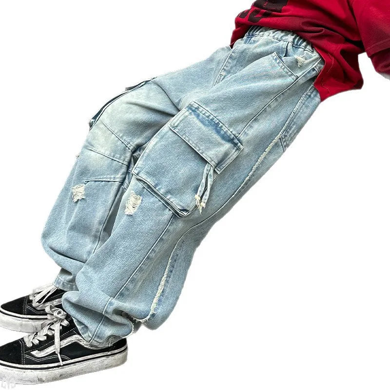 Adolescents garçons Hip Hop Streetwear vêtements de travail jean printemps automne 2025 nouveau Style enfants beau à la mode déchiré pantalon à jambes larges