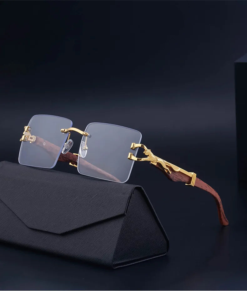 Frameless square wooden sunglasses for men and women, vintage, fashionable, luxury, retro, 2023