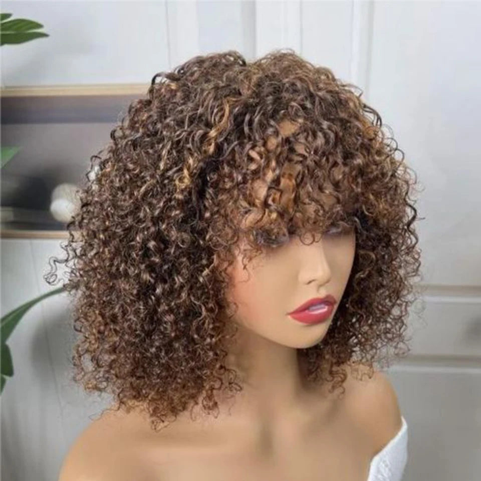 Perruques de cheveux humains Pixie Cut Bob avec frange pour femme, perruque pleine machine bouclée, surbrillance, couleur blond miel, court, caution