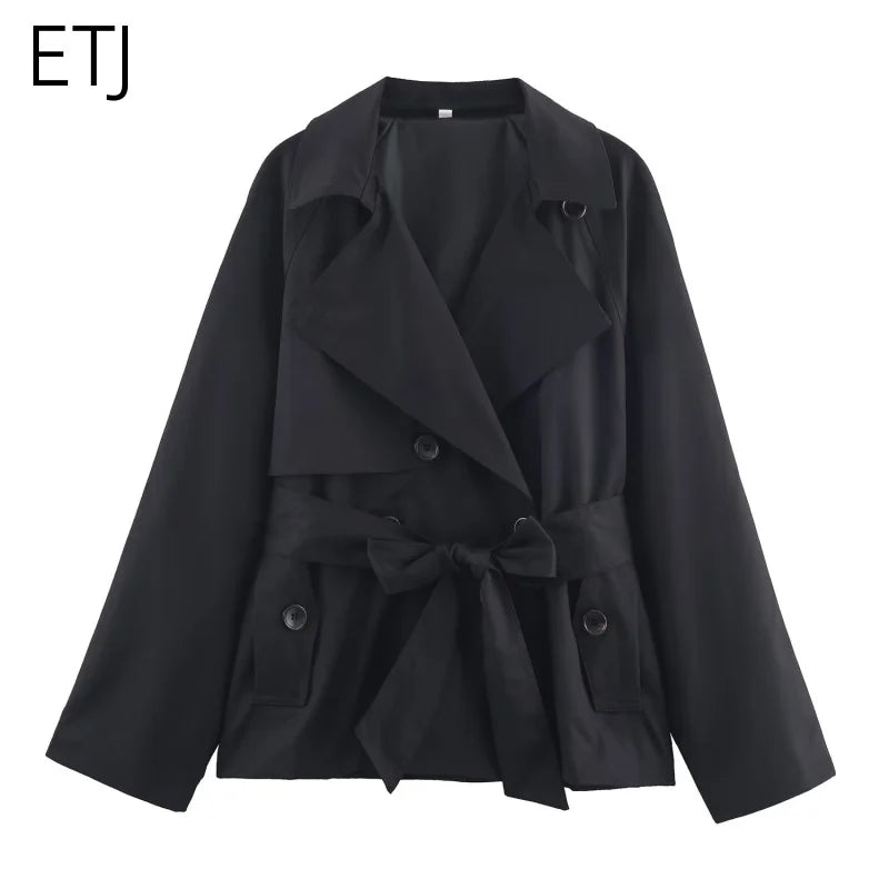 ETJ Autumn 2025 New Collection Women's British Style Double-Breasted Lapel Mesh Colour Belted Casual Trench Coat
