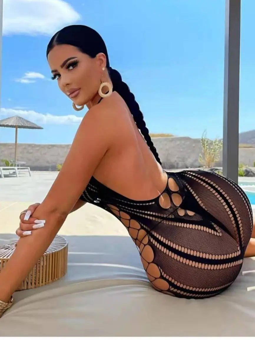 Sexy femmes résille licou robe dos nu coupe basse serré crayon robe mignonne grande taille Mini robe boîte de nuit robe de danse Beatchwear