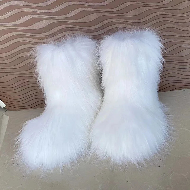Bottes de neige d'hiver pour femmes en plein air de luxe fourrure fausse fourrure de renard bottes femme en peluche chaud plate-forme chaussures nouvelle mode Bottes grande taille 46