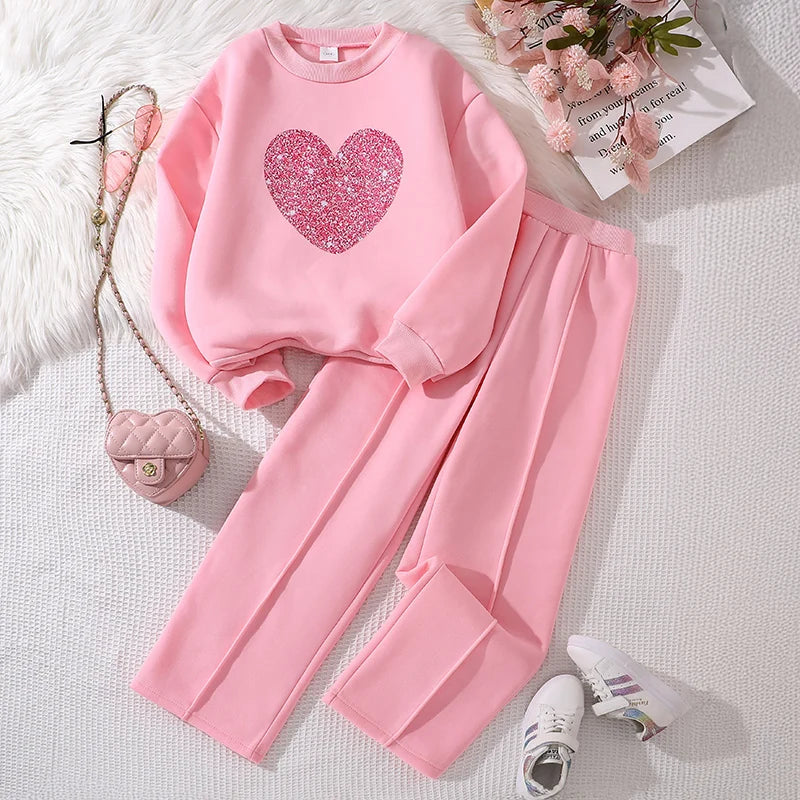 Ensemble de vêtements chauds pour enfants, couleur unie, imprimé cœur, haut et pantalon, sport décontracté, ample, vêtements de salon, automne et hiver