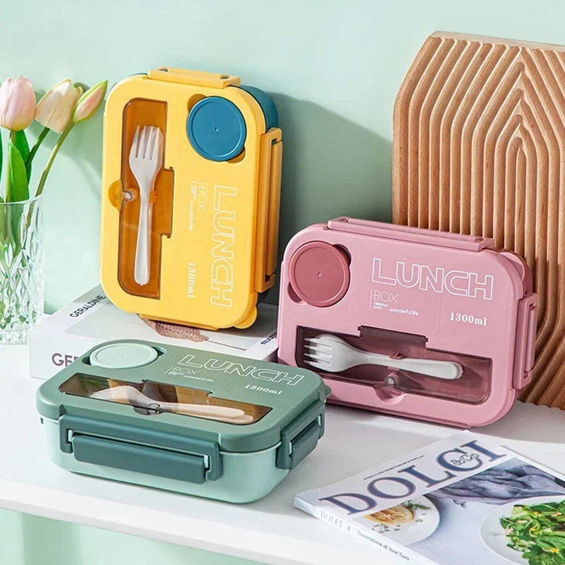 Boîte à déjeuner Portable à compartiment de 1300ML, boîte à Bento de bureau pour enfants étudiants avec fourchette et cuillère, récipient de stockage des aliments pour micro-ondes