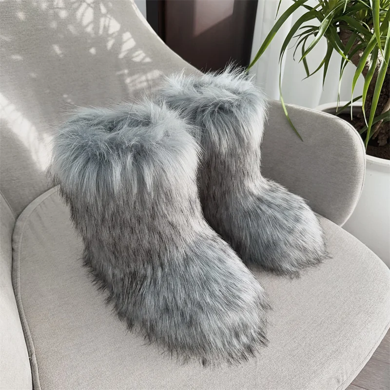 Nouveau Hiver fourrure une pièce fourrure de raton laveur femme bottes de neige chaussures de fourrure en plein air mi jambe bottes