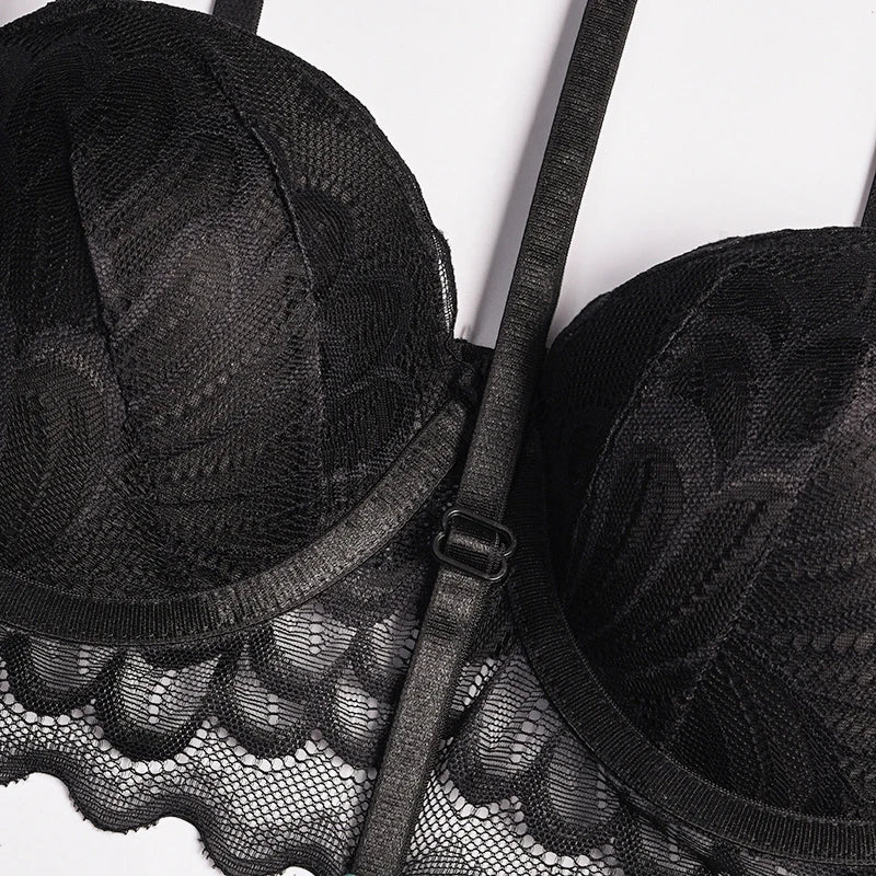 Ensembles de Lingerie érotique pour femmes, jarretelles en dentelle, soutien-gorge et culotte transparents, Costumes Porno féminins, col licou en V profond, ensemble de sous-vêtements Sexy