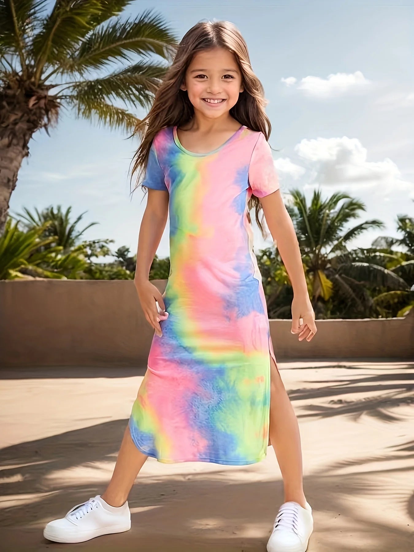 Robe d'été pour filles, manches courtes, mi-longue, coupe cintrée, vêtements d'été à la mode pour filles, imprimés et teints en Positions aléatoires, printemps et été