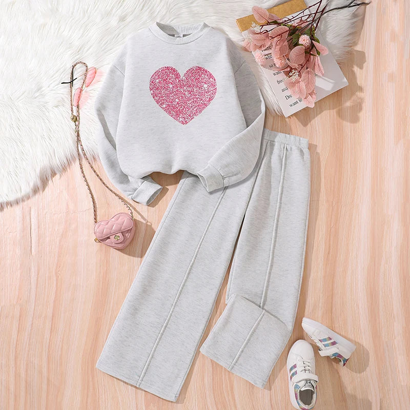 Ensemble de vêtements chauds pour enfants, couleur unie, imprimé cœur, haut et pantalon, sport décontracté, ample, vêtements de salon, automne et hiver