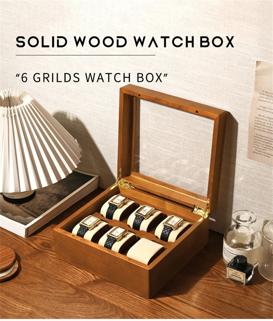 Oirlv boîte de rangement de montre en bois délicate couvercle en verre anti-poussière boîte de montre boîte de collecte de montre-bracelet affichage stockage boîte de montre à 6 grilles