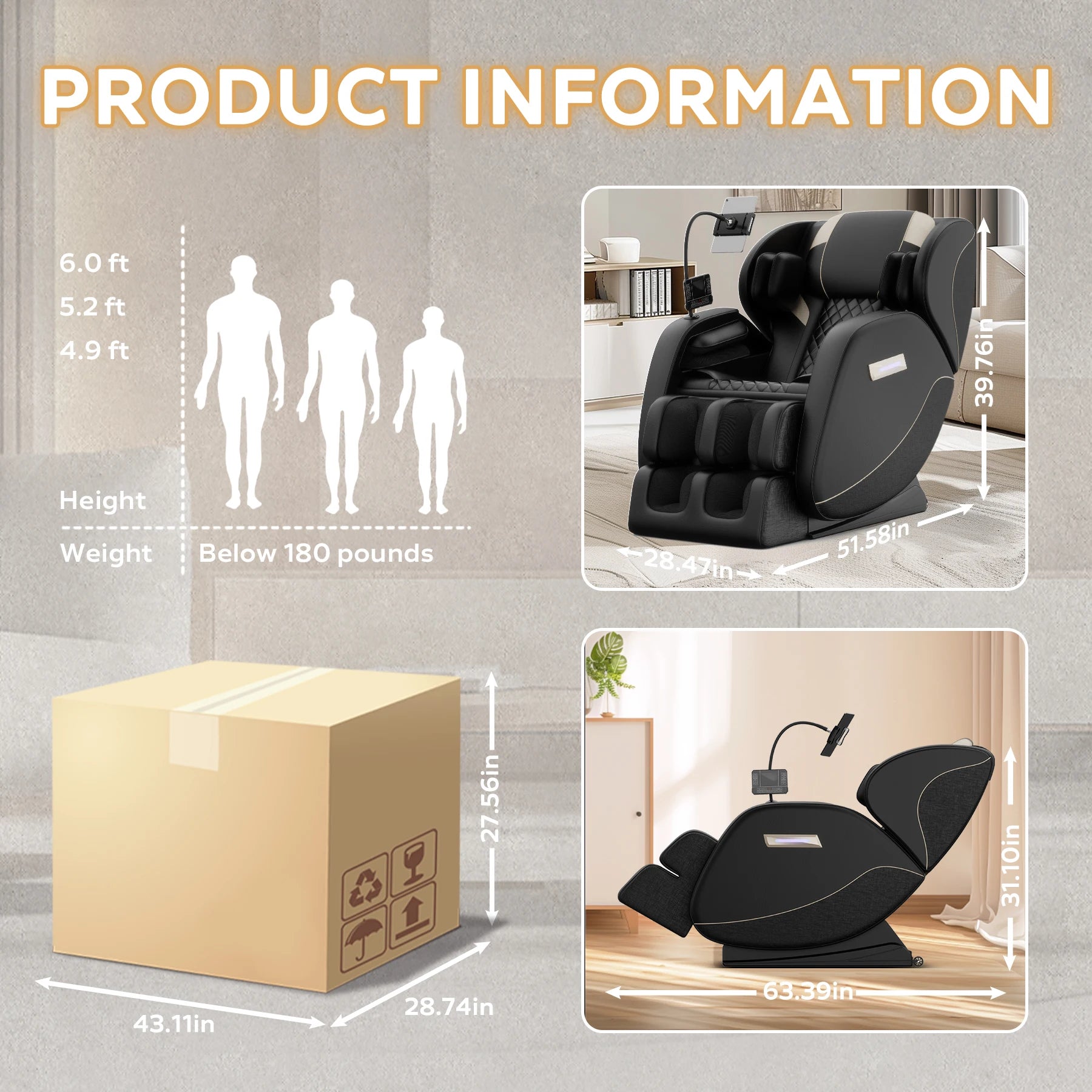 Fauteuil de massage complet Zero Gravity avec chauffage, airbags, rouleau pour les pieds et écran tactile – Supports jusqu'à 180 lb