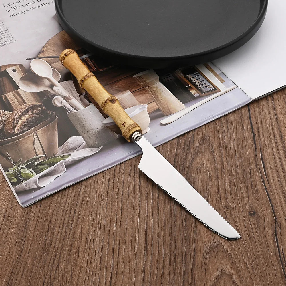 Couverts en acier inoxydable avec manche en bambou naturel, 24 pièces, service de table, couteau à steak