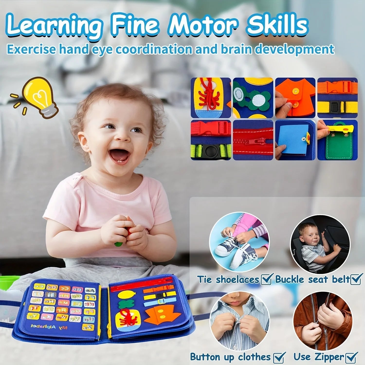 Planche occupée Montessori pour tout-petits, jouet sensoriel, activité de motricité Fine, voyage, apprentissage, cadeau pour garçons et filles, Polyester bleu