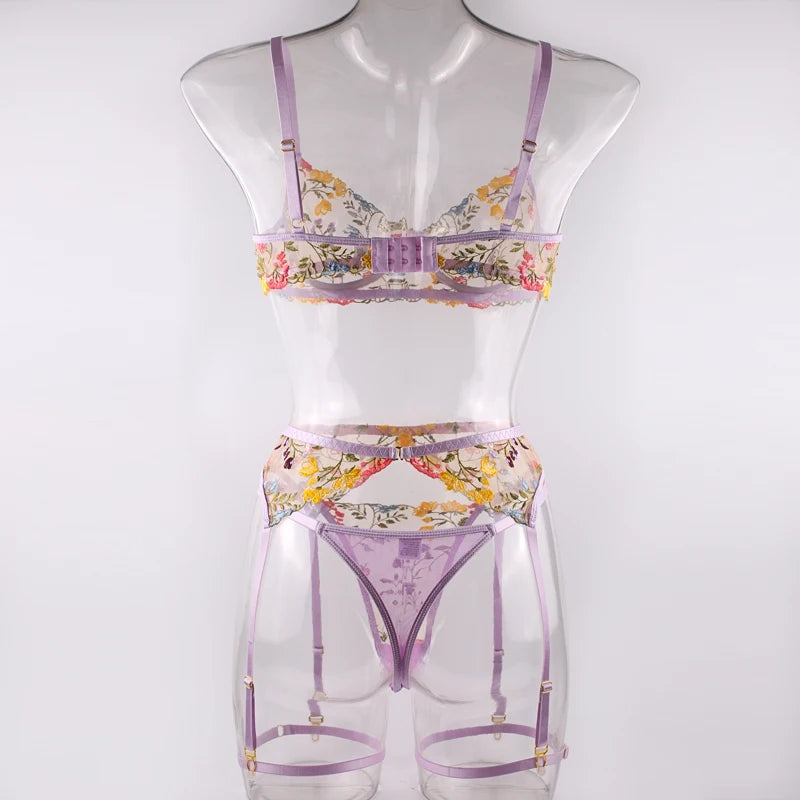Ensemble de Lingerie Sexy en dentelle pour femmes, 3 pièces, broderie de fleurs fantaisie, soutien-gorge et tongs transparents, ensemble de sous-vêtements, costumes érotiques et intimes ﻿