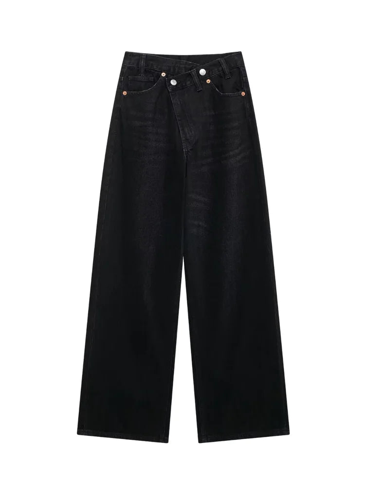 Jeans asymétriques à taille haute et à jambes larges pour femmes nouveaux modèles de base mode polyvalente pantalons droits pantalons