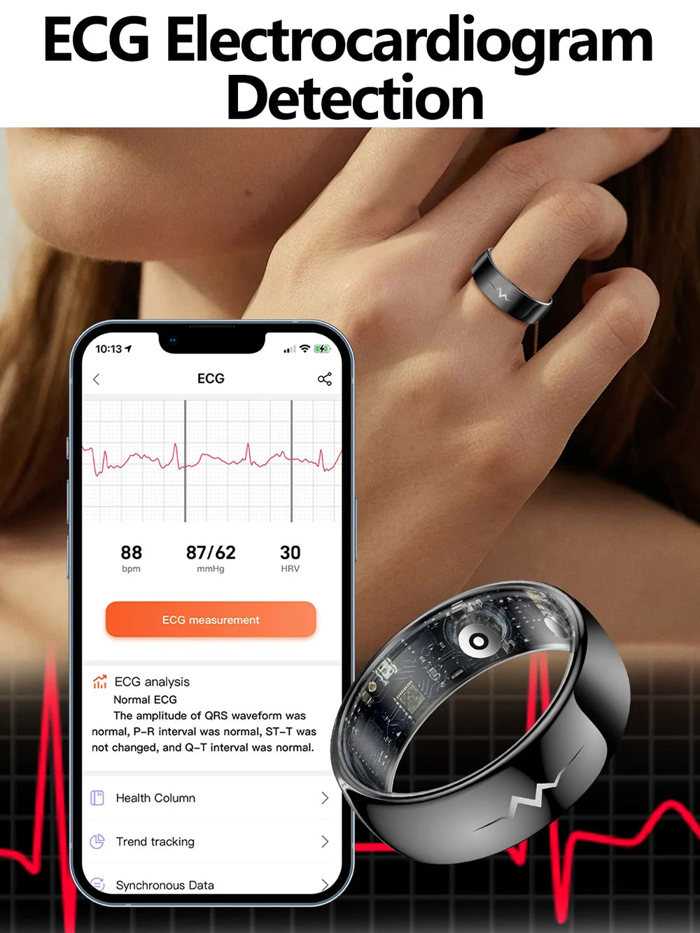 Haut de gamme ECG sang oxygène santé anneau intelligent fréquence cardiaque pression artérielle moniteur de sommeil anneaux 5ATM étanche plusieurs Modes de Sport