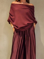 Elegant Off-the-Shoulder Satin Top and Wide-Leg Pants Set, Slash Neck, Irregular Fashion, Solid, Commuter Outfits, Simple Loose Sets for Women