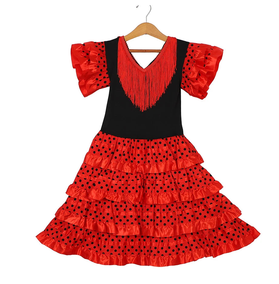 Robe de danse traditionnelle espagnole pour filles, robe de Festival à pois avec pompon, quatre couleurs, jupe classique de Style Flamengo gitane pour enfants