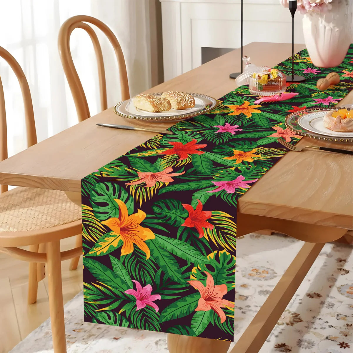 Summer Hawaiian Flower Table Runner, Flamingo Birthday Party Decor for Kids, Aloha Hawaii Tropical Party Supplies, Dining Table Decor
