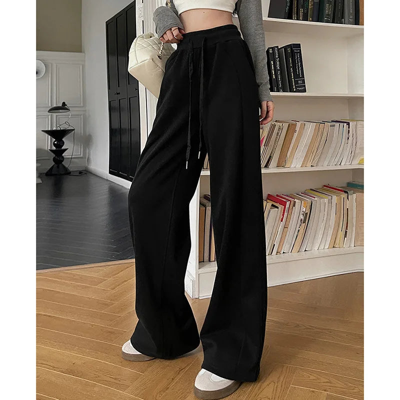 Pantalon de sport élastique pour femmes, basique, blanc, gris, noir, jambes larges, droit, polyvalent, taille haute, survêtement