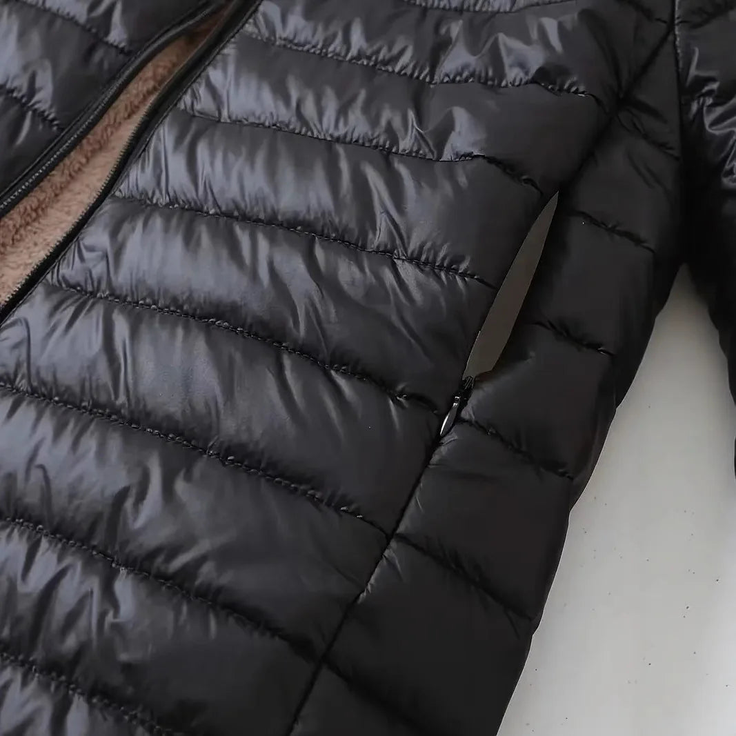 Women's fleece-lined cotton jacket, warm top, loose fit, lightweight, hooded, cotton coat, street style, trendy, autumn/winter