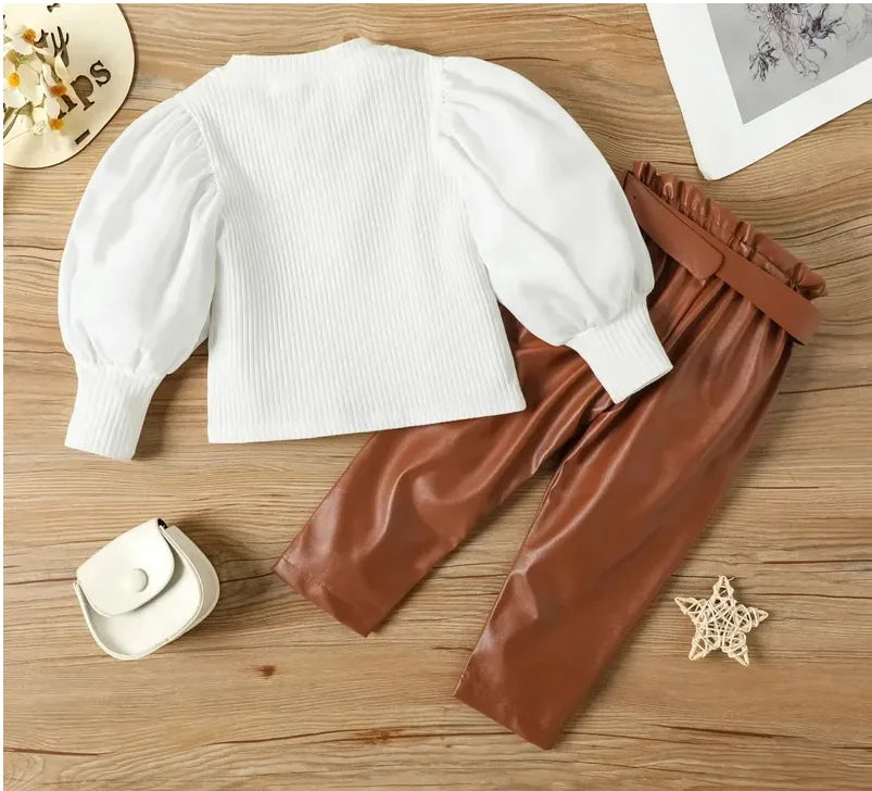 Ensemble de vêtements pour enfants filles, chemisier côtelé à manches longues bouffantes + pantalon en cuir PU avec ceinture, 2 pièces pour vêtements pour filles, taille 1 2 3 4 5 6