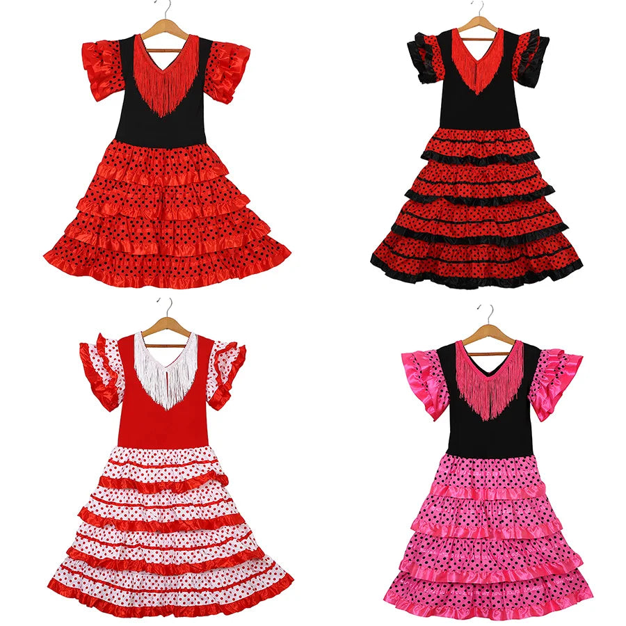 Robe de danse traditionnelle espagnole pour filles, robe de Festival à pois avec pompon, quatre couleurs, jupe classique de Style Flamengo gitane pour enfants