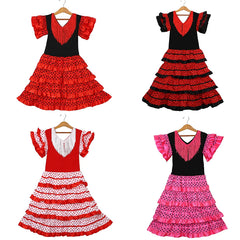 Robe de danse traditionnelle espagnole pour filles, robe de Festival à pois avec pompon, quatre couleurs, jupe classique de Style Flamengo gitane pour enfants