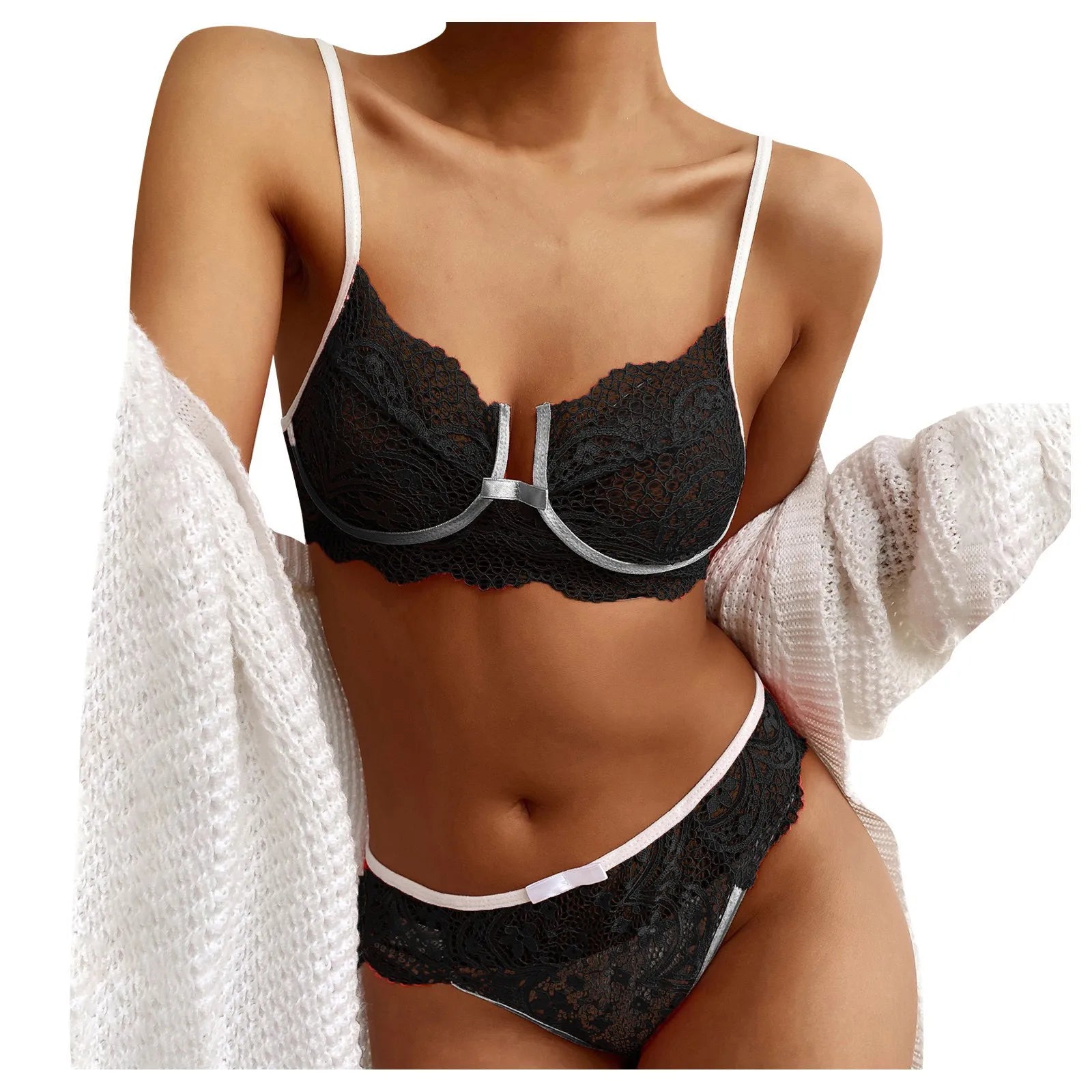Ensemble pyjama en dentelle pour femmes, sous-vêtements Sexy, soutien-gorge à nœud papillon sans fil, string, couleur unie, ensembles de Lingerie féerique transparents