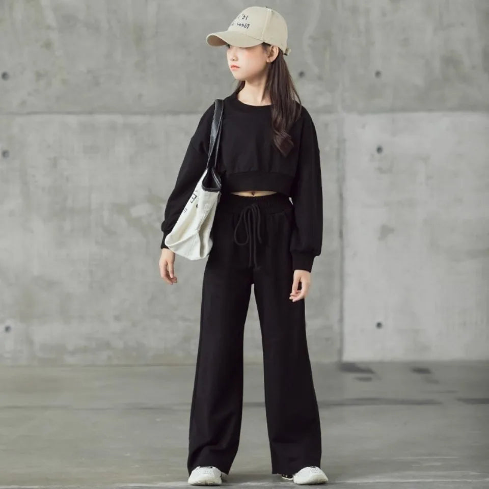 Girls' solid color outfit set, long-sleeved cropped sweater and pants, 2 pieces, new spring-autumn fashion, casual suit for children aged 4 to 12 years
