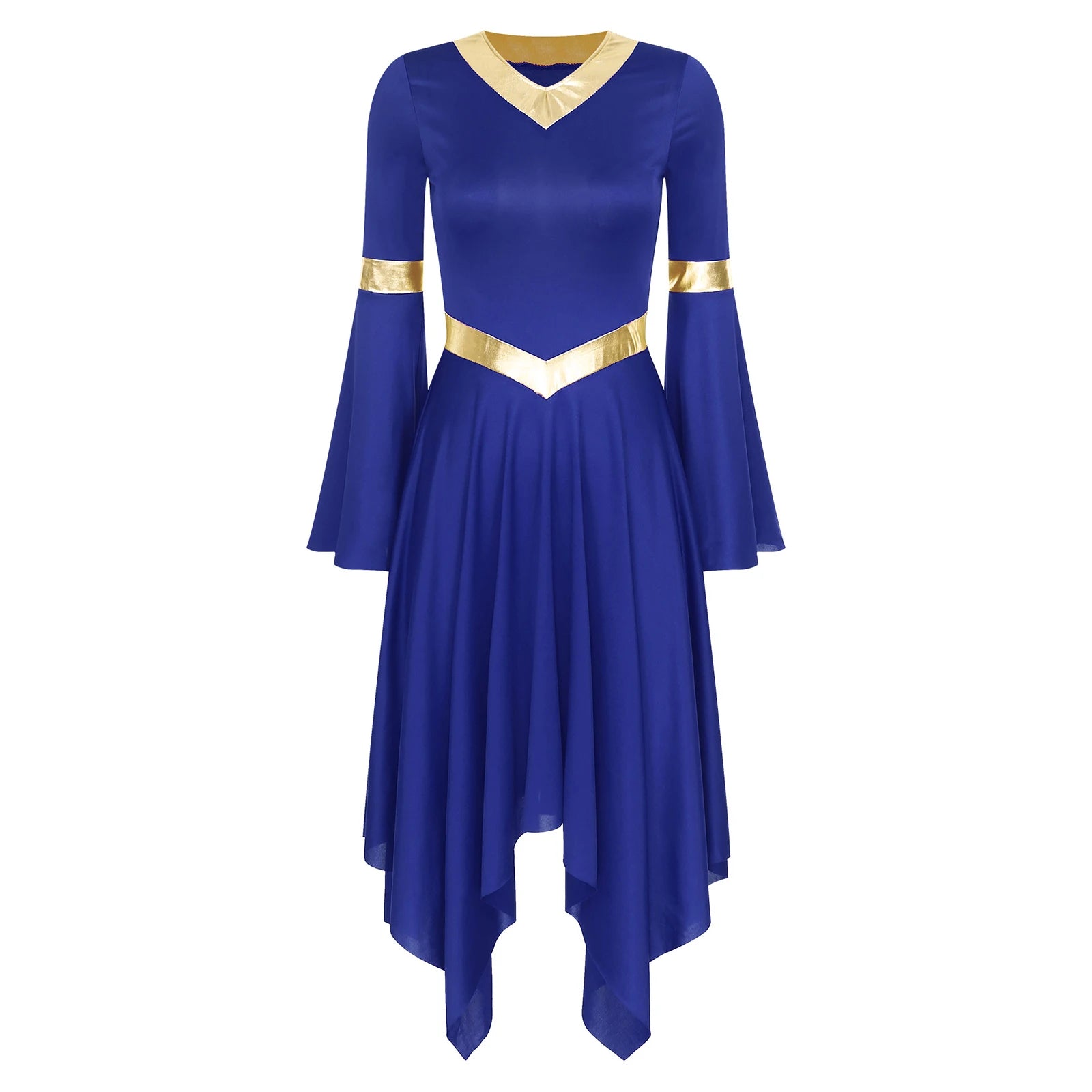Robe de danse lyrique à manches longues pour femmes, robe à ourlet irrégulier, costume de spectacle liturgique, vêtements de danse modernes, culte de la chorale d'église