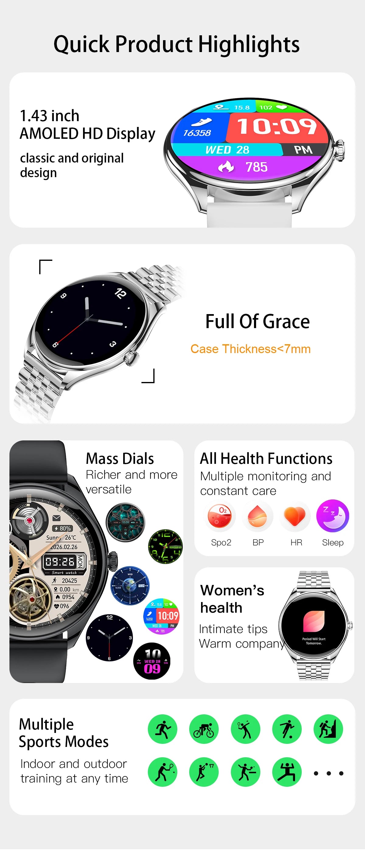 Montre connectée Utral mince pour femmes, écran AMOLED HD de 1.43 pouces, appel Bluetooth, traceur multi-sport, lecteur de musique, chargement USB, nouveauté 2025