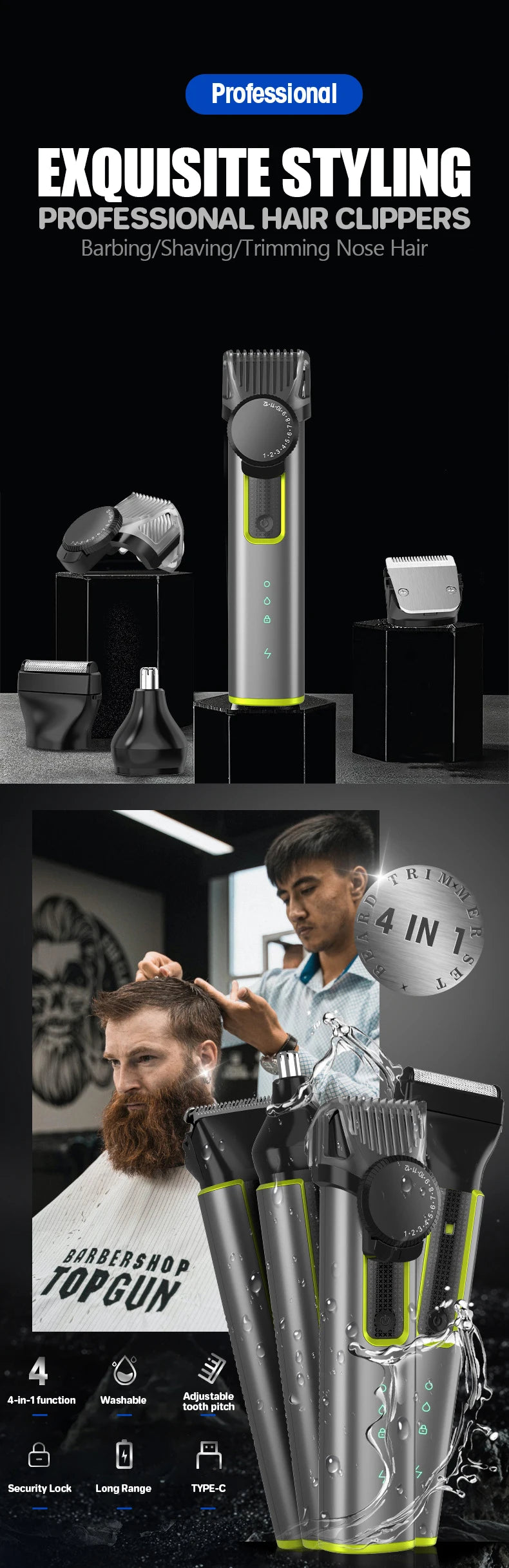 Tondeuse à barbe électrique sans fil pour hommes, tondeuse à cheveux réglable, kit de barbiers professionnels étanches, tondeuses à moustache pour hommes