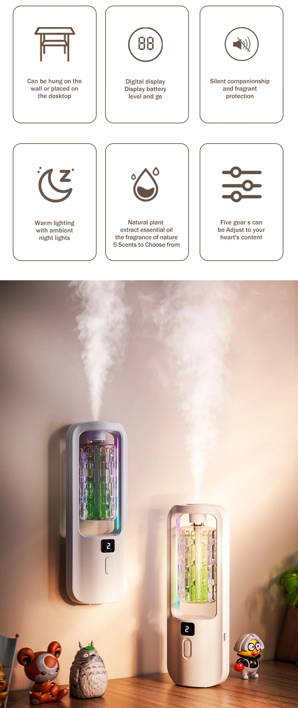 Diffuseur d'aromathérapie automatique pour éliminer les odeurs, adapté à un usage domestique, avec de l'huile essentielle pour le rafraîchissement de l'air.
