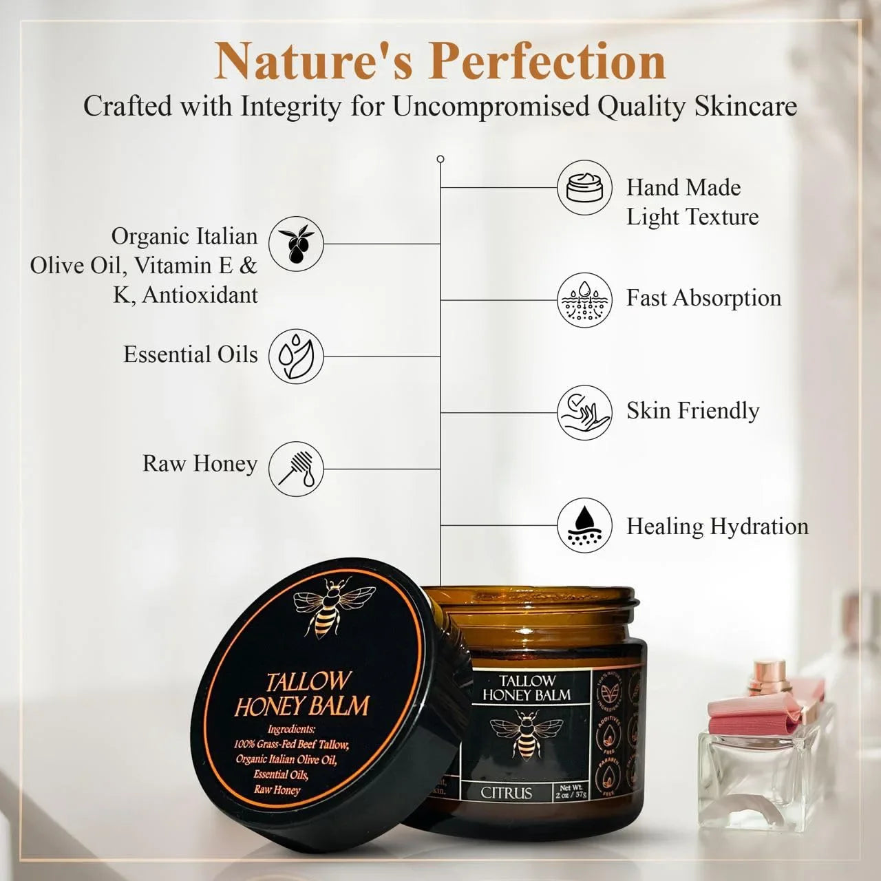 Baume Tallow de boeuf alimenté en herbe biologique, crème hydratante au miel cru pour une peau douce et lisse, hydratant entièrement naturel fait à la main