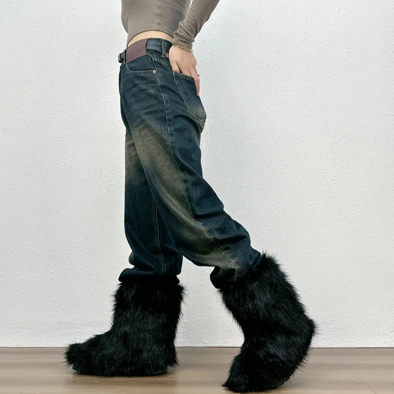 Bottes de neige mi-mollet en fourrure pour femmes et filles, chaussures en peluche chaudes, plate-forme extérieure, document solide, mignon, hiver, Y2K, 2023