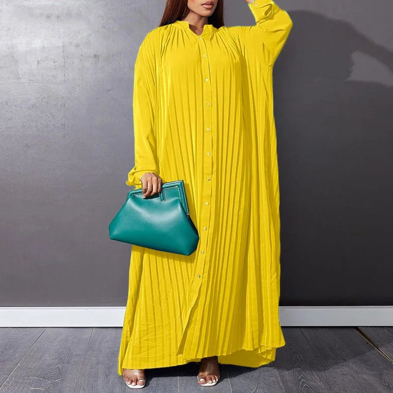 Femmes Eid robes musulmanes col montant simple boutonnage dubaï arabe robes Ramadan décontracté ample caftan robe solide plissé