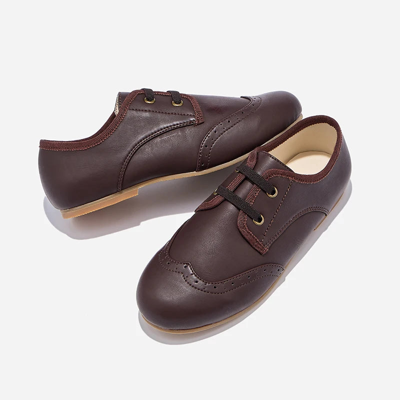 W-AP8-003 chaussures habillées pour enfants en cuir marron noir velours lacets décoratifs chaussures de conception classique nouvel hiver