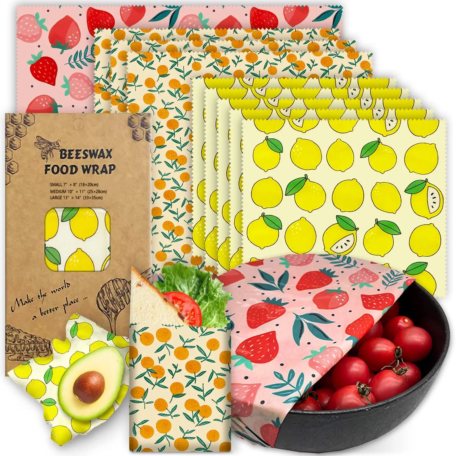 Beeswax Food Wrap 3-Piece Set, Reusable Eco-Friendly Organic Cotton Wax Fabric, Household Plastic Wrap Replacement, Washable Lemon Pattern