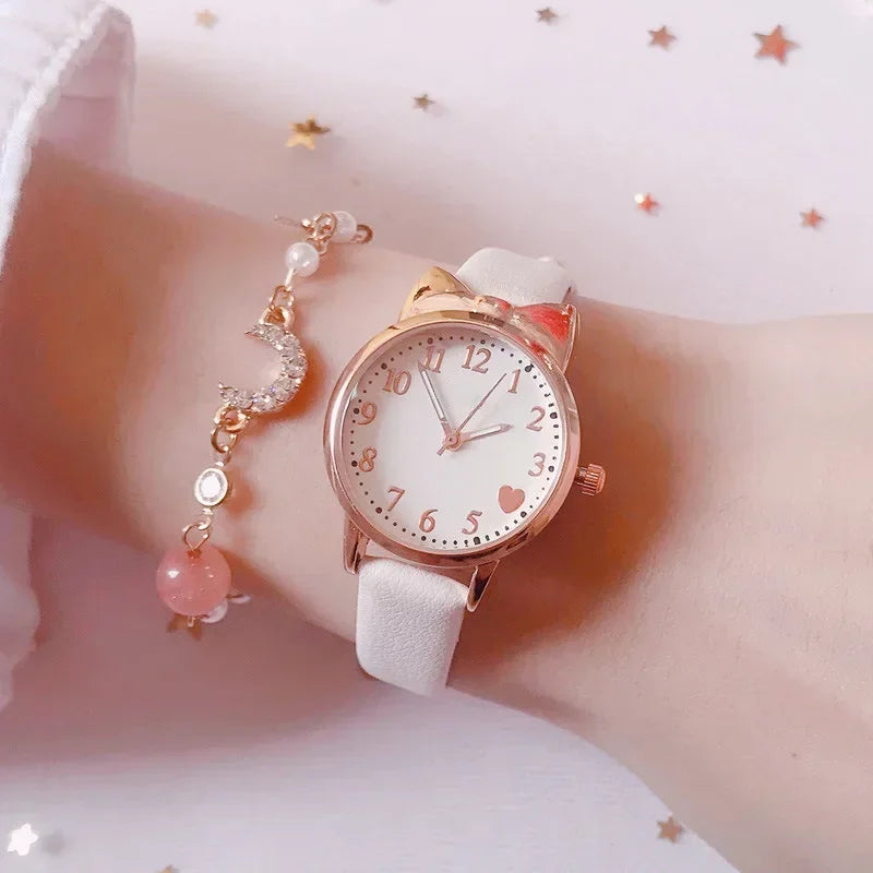 Nouvelle mode enfants amour cadran numérique enfants montre ensemble bracelet en cuir montres à Quartz enfant filles horloge enfants cadeau montre (sans boîte)