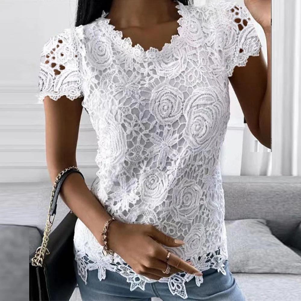 Femmes dentelle col rond hauts T-Shirts dames été décontracté à manches courtes Blouse pull mode vêtements pour