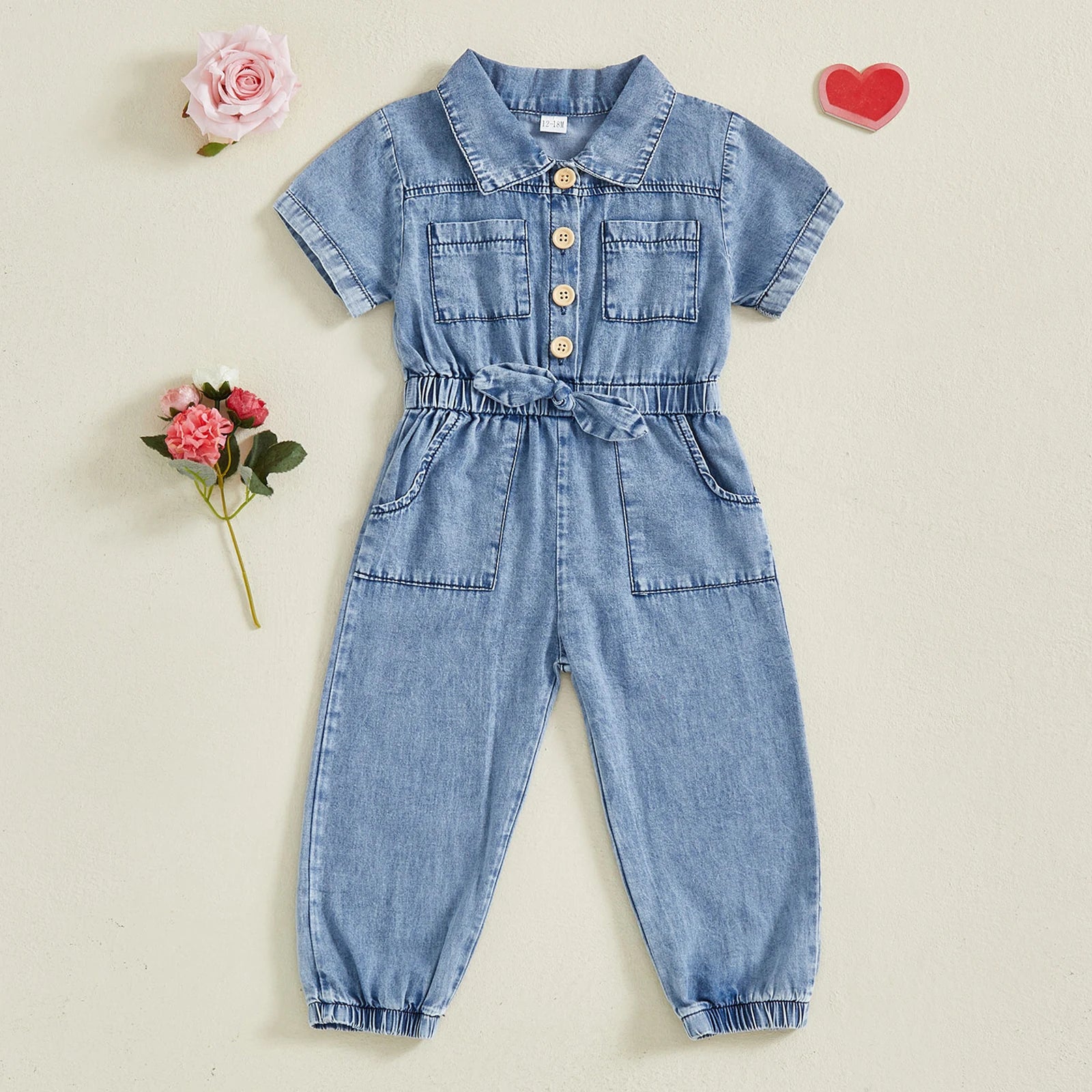 Barboteuse en jean pour petites filles, manches courtes, revers boutonné, combinaison pleine longueur avec poches