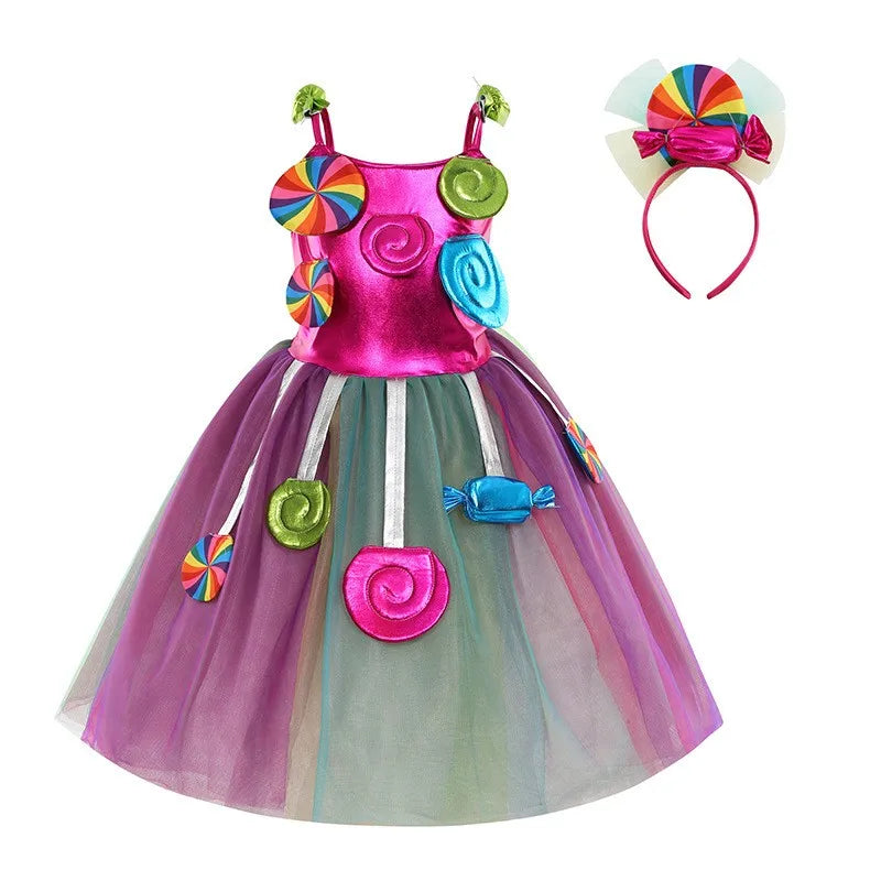 Robe sucette sucette pour filles, costume de carnaval, costume d'anniversaire pour petits enfants, tutu arc-en-ciel de paupières, vêtements de mariage pour enfants, bonbons doux, nouveau