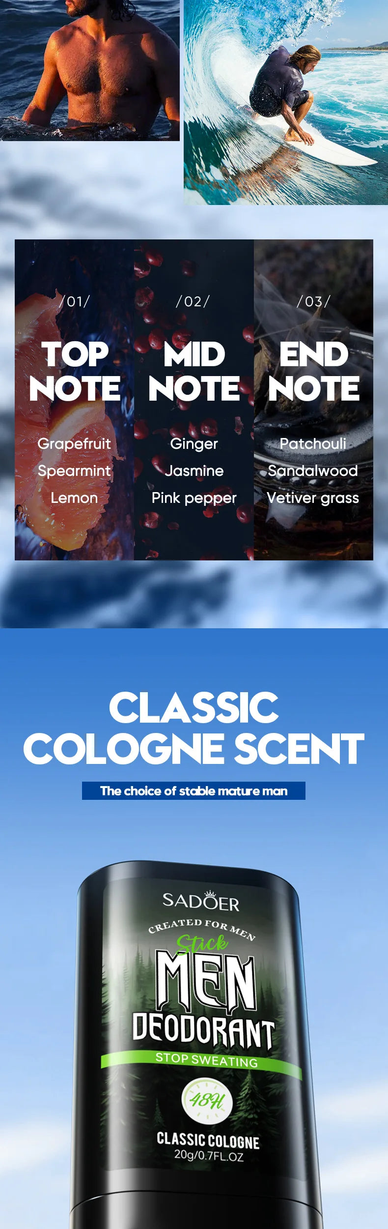 SADOER crème désodorisante Anti-transpiration pour hommes bâton séchage rapide retenir parfum rafraîchissant corps poignet odeur Anti-transpiration crèmes