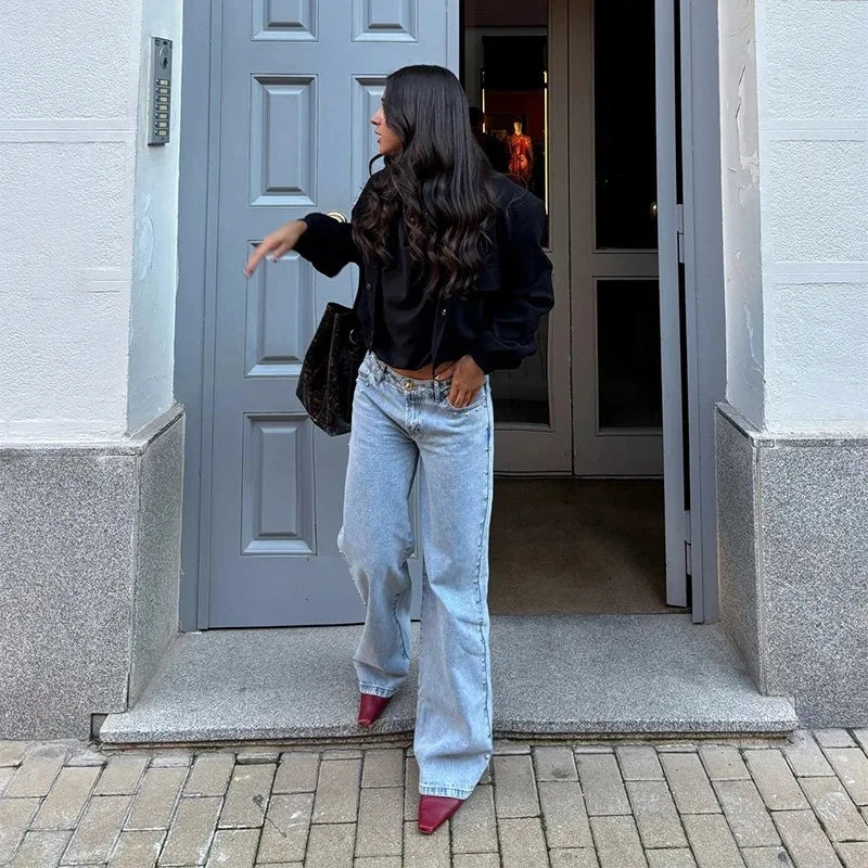 Y2K Vintage jean Flash argent étoile motif métal Rivet jean femme Baggy décontracté jambe droite Denim pantalon Simple femmes vêtements