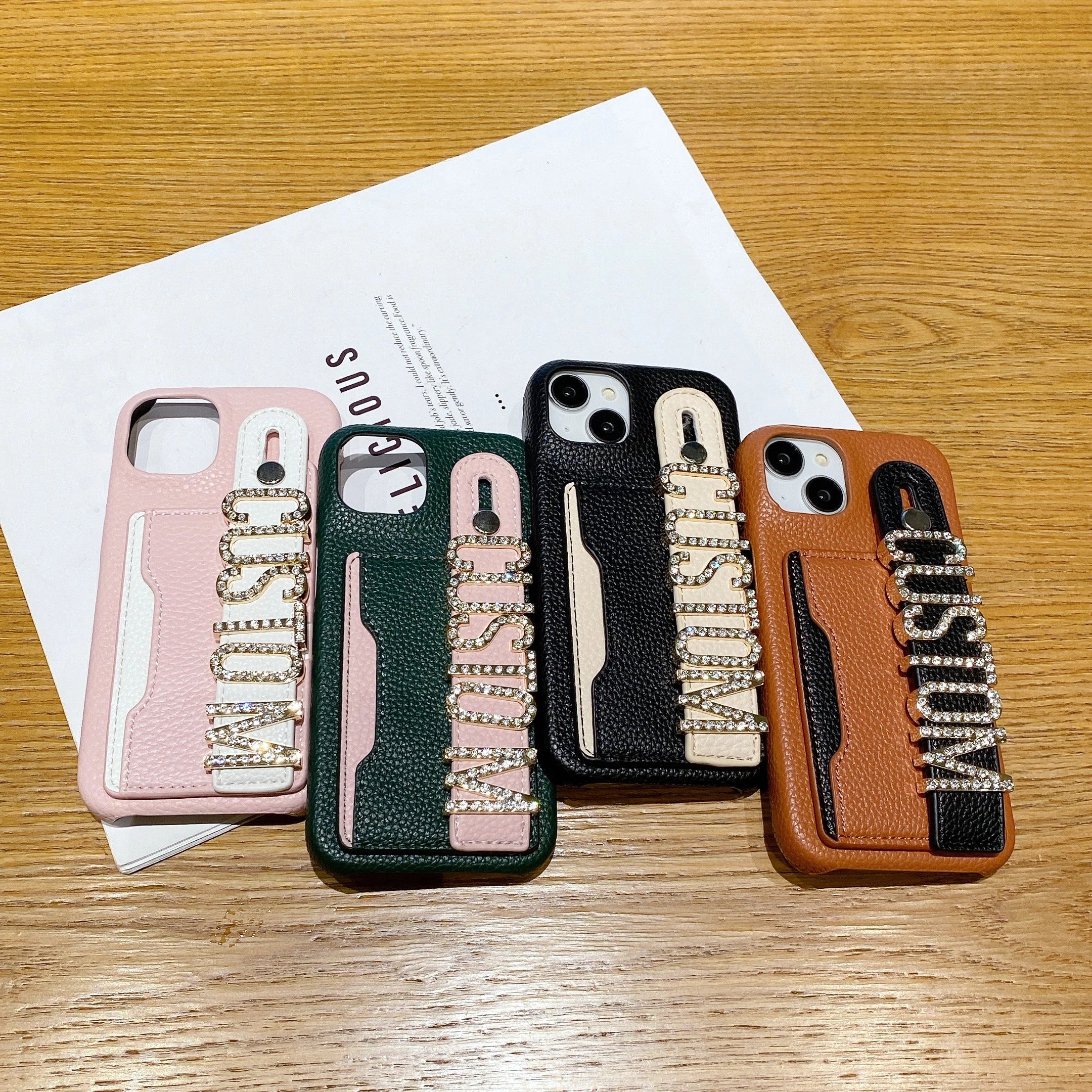 Étui de téléphone en cuir personnalisé avec nom de lettre, porte-carte de bracelet personnalisé, iPhone 16, 15, 14, 13, 12, 11Pro Max, 16Plus