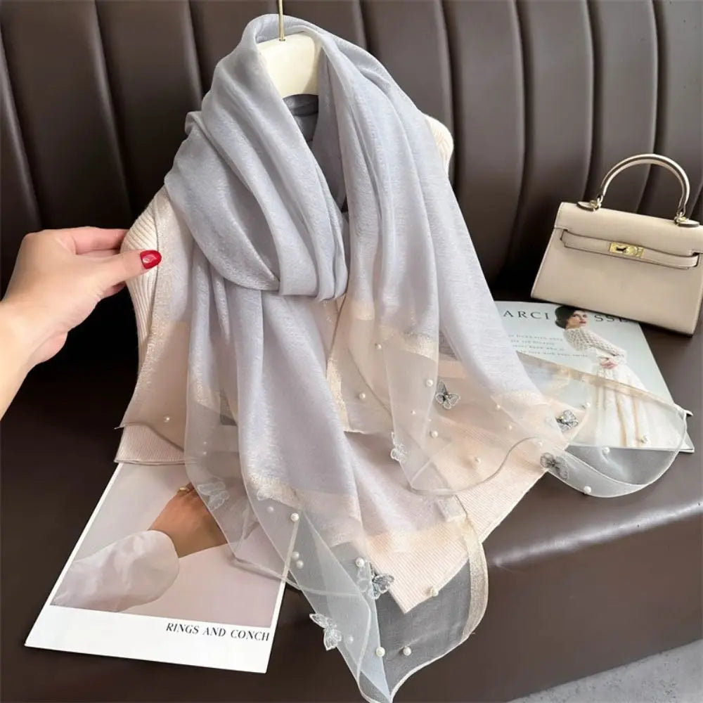 Grand Foulard Fin et Élégant avec Broderie Papillon, Châle Hijab de Luxe pour Femme