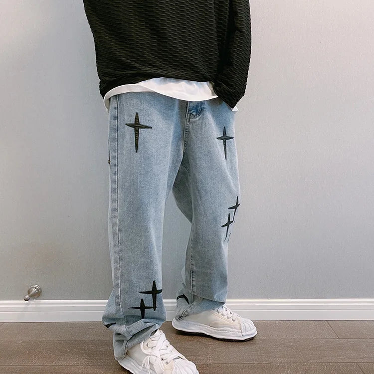 Men's printed jeans, streetwear, baggy, wide leg, Korean fashion, draped, straight, casual, loose fit, cargo pants, new 2023 collection