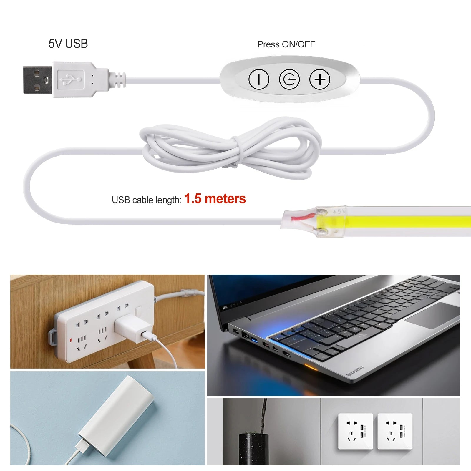 5V USB LED Strip Light, 320 LEDs/M COB, Dimmable Touch Sensor Switch/Push Switch, DIY, TV Mirror, Backlighting, Night Light for Room