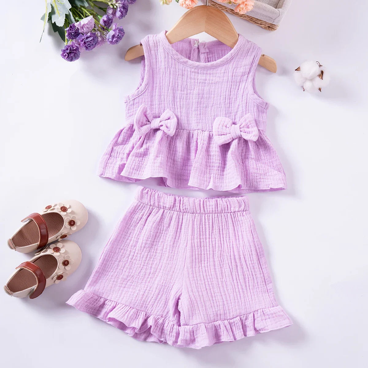 Costumes en mousseline de coton pour petites filles, couleur unie, gilet + short, ensemble de vêtements 2 pièces, sans manches, mignons et décontractés, tenues pour bébés filles